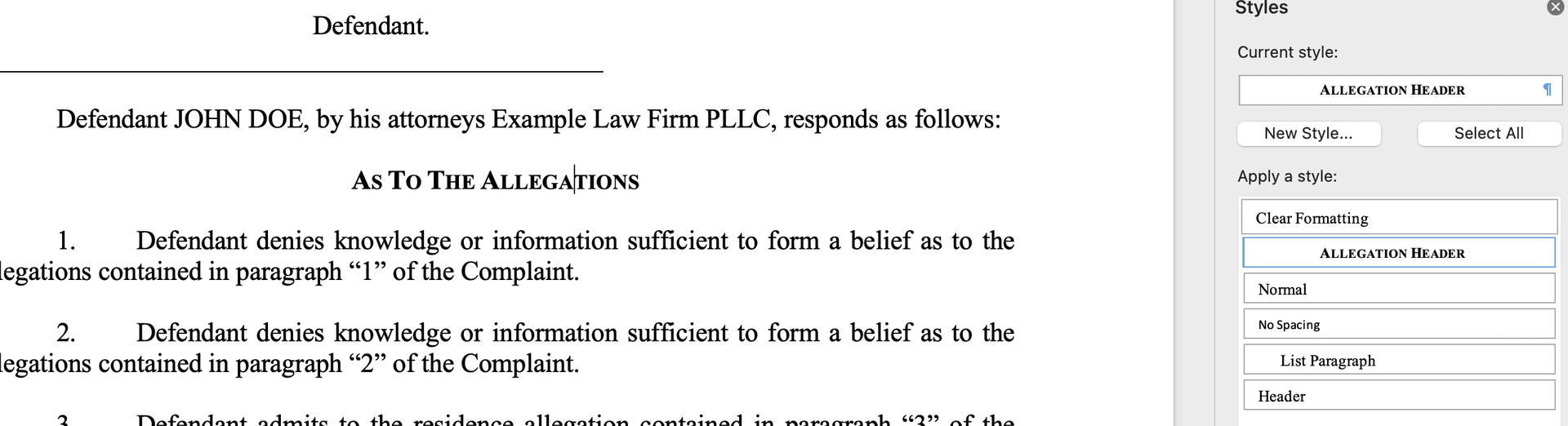 Word allegation header style applied