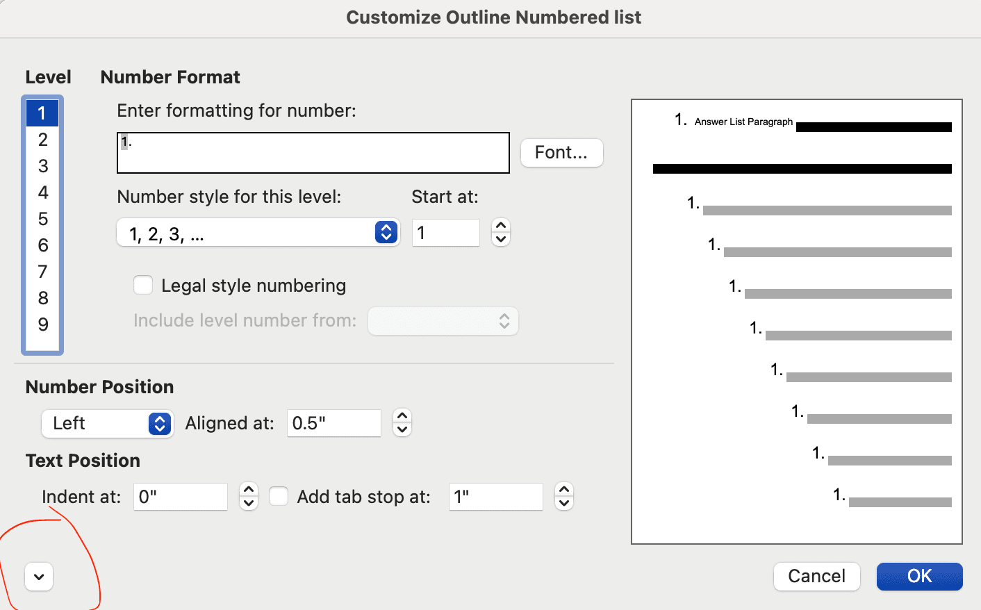 Word define multilevel list dialog