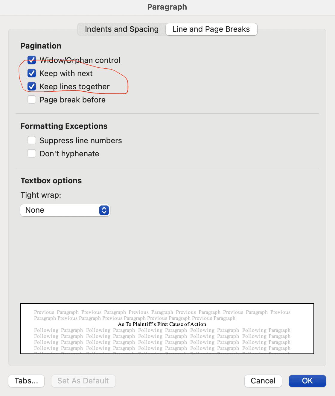Word keep with next settings