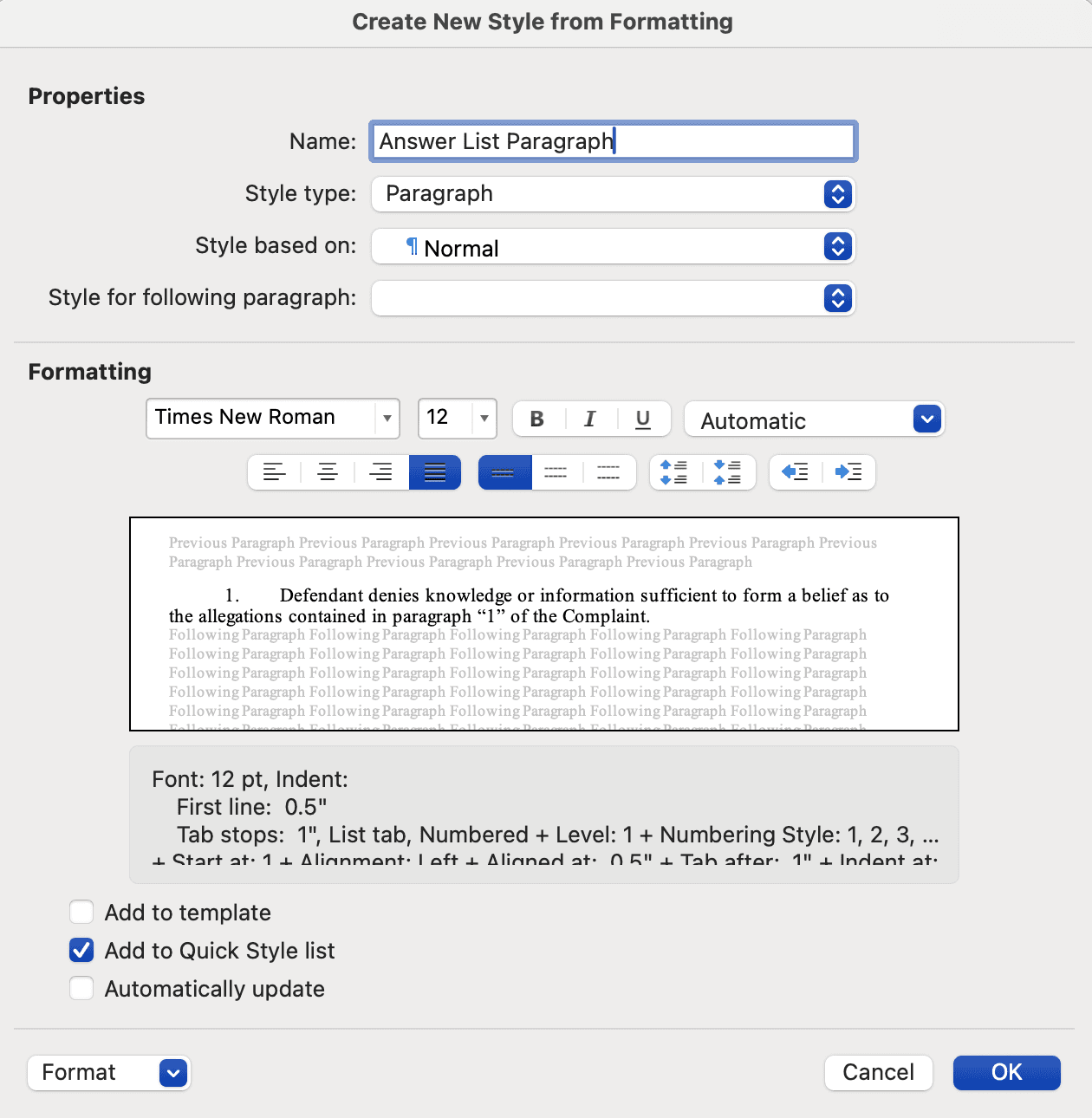 Word new style for list paragraph