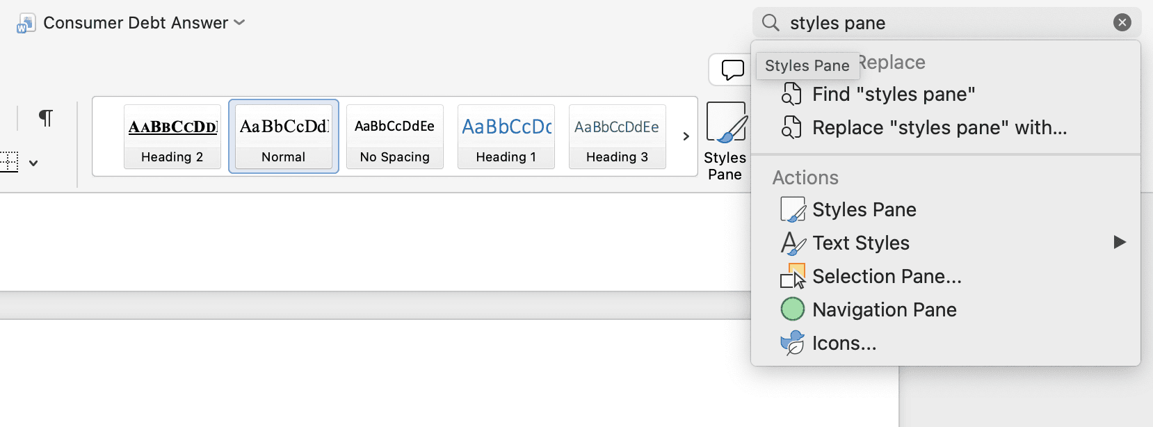 Word styles search bar