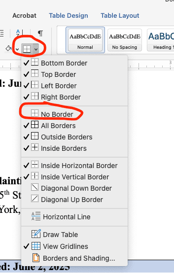 Word table no border option