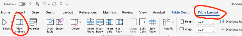 Word table view gridlines menu