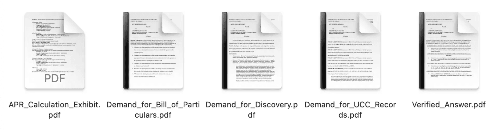 Finder window showing downloaded document package with APR Exhibit, Discovery Demands, and Verified Answer