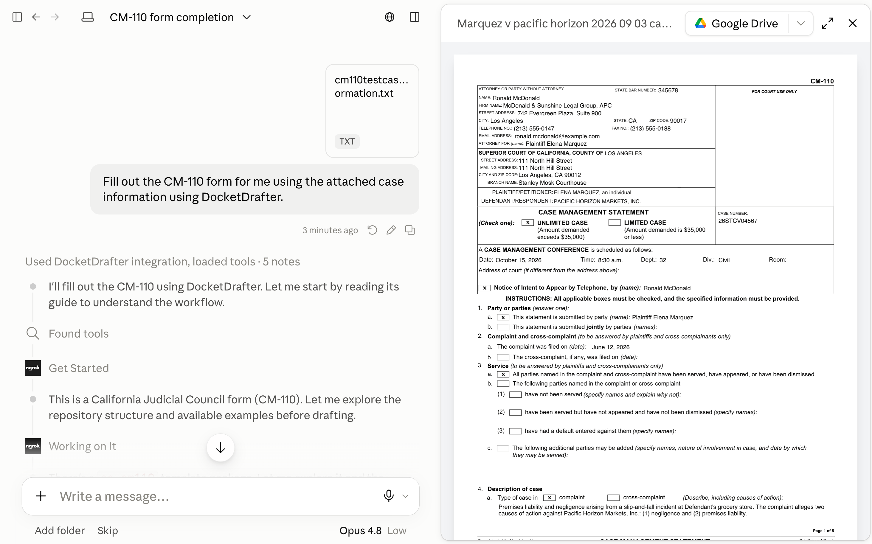 Claude using DocketDrafter to fill a California CM-110 case management statement from attached case information, with the completed form preview alongside the conversation