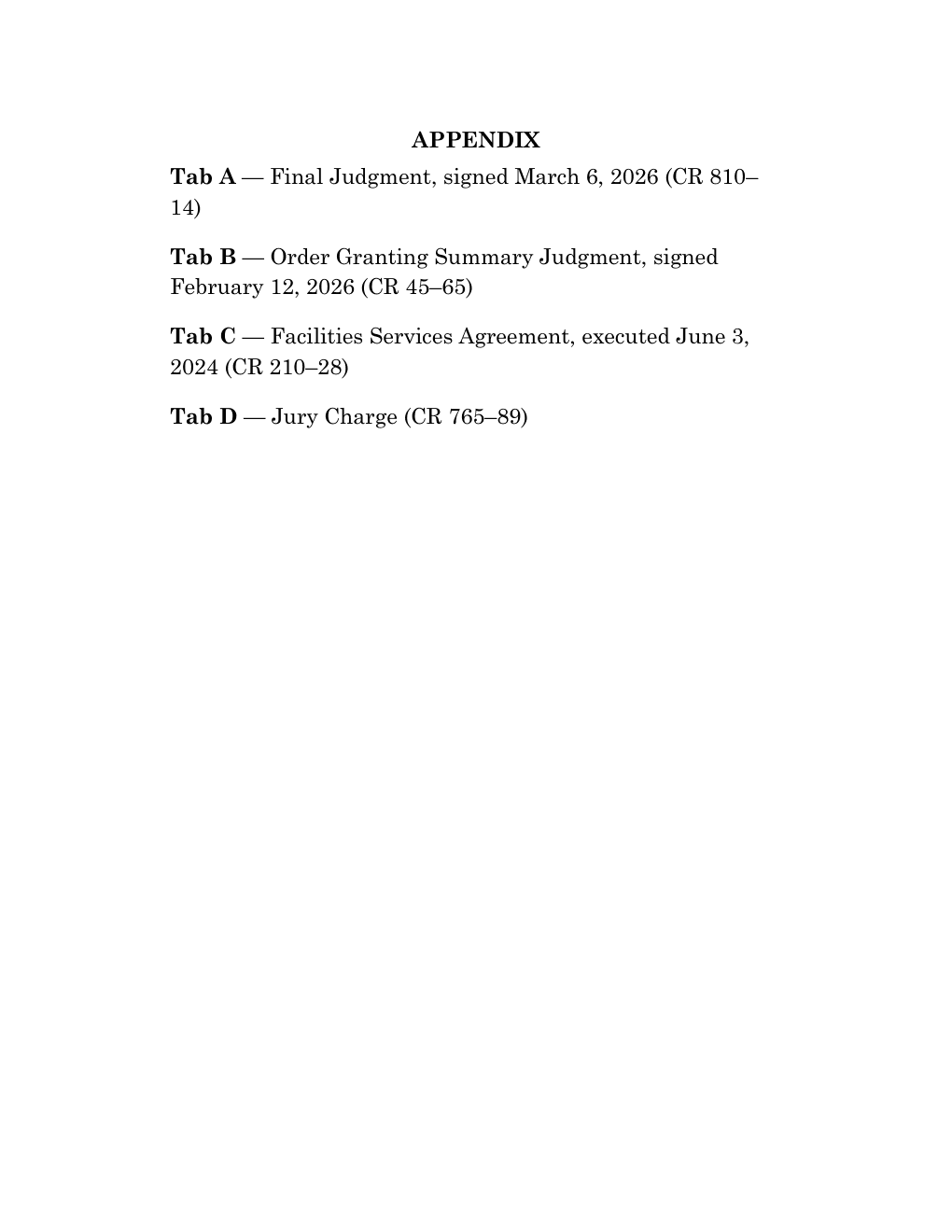Rebuilt appendix inventory: final judgment in Tab A, summary-judgment order in Tab B, and jury charge added as Tab D