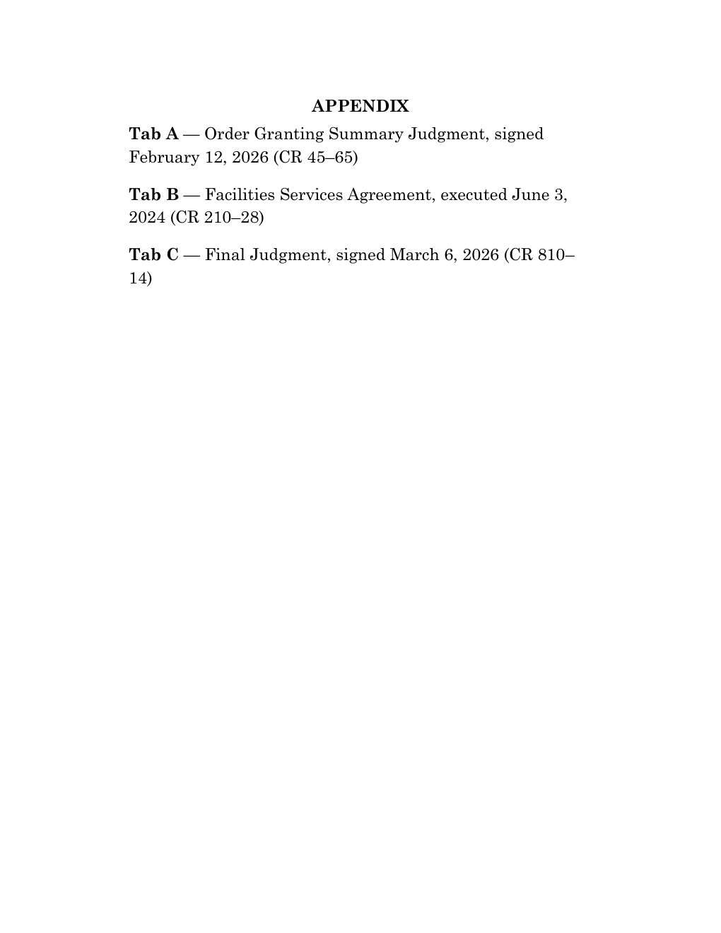 Appendix inventory before revision: summary-judgment order in Tab A and final judgment in Tab C