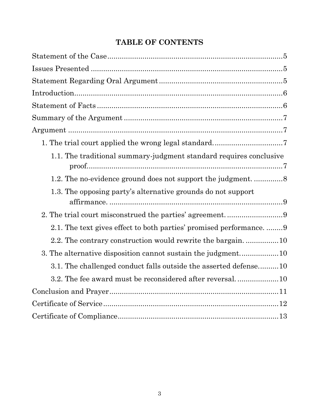 Full page of a generated appellate brief table of contents with updated page numbers