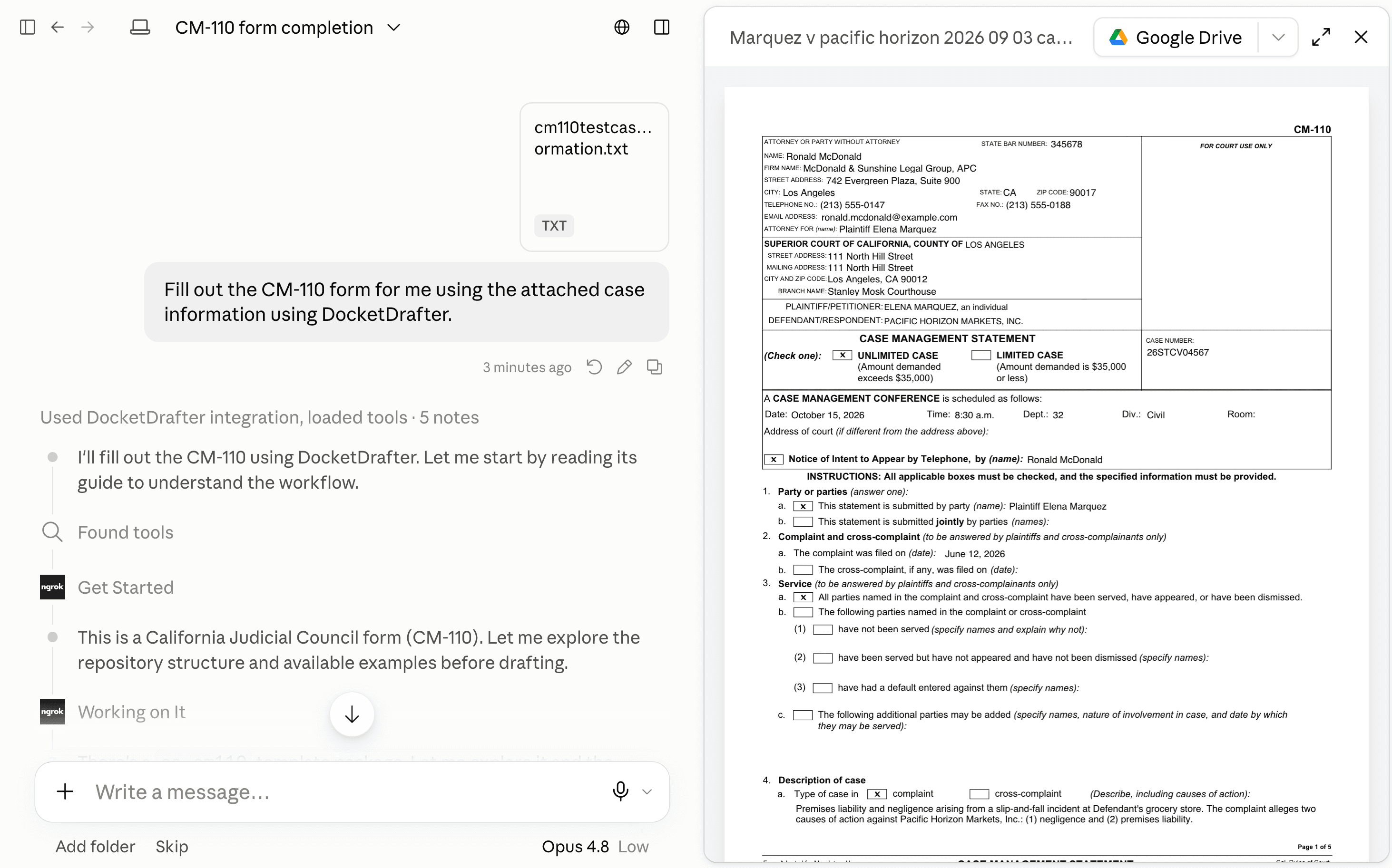 A CM-110 Case Management Statement populated through DocketDrafter in Claude Cowork