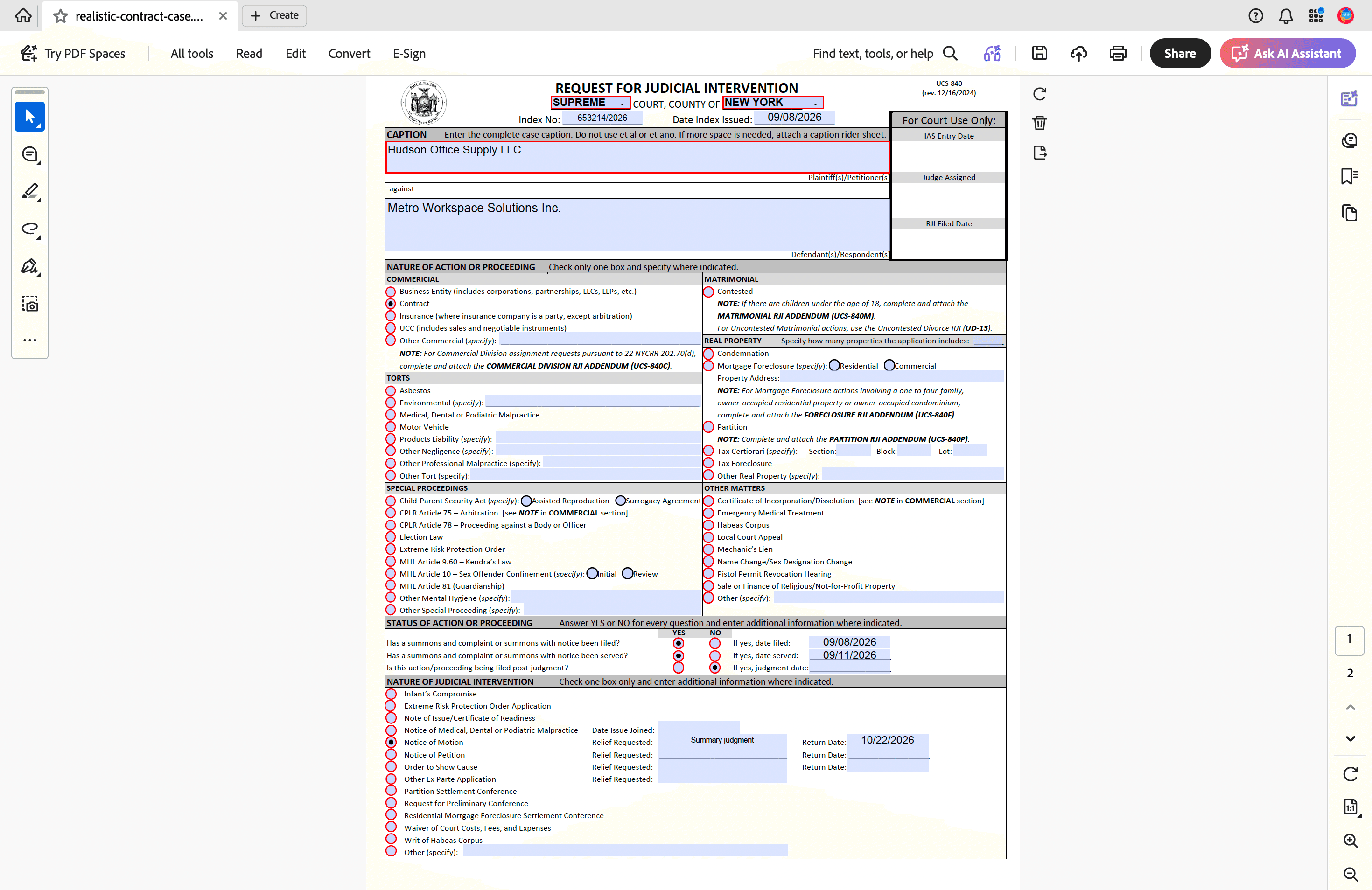 A completed New York UCS-840 Request for Judicial Intervention opened in Adobe Acrobat