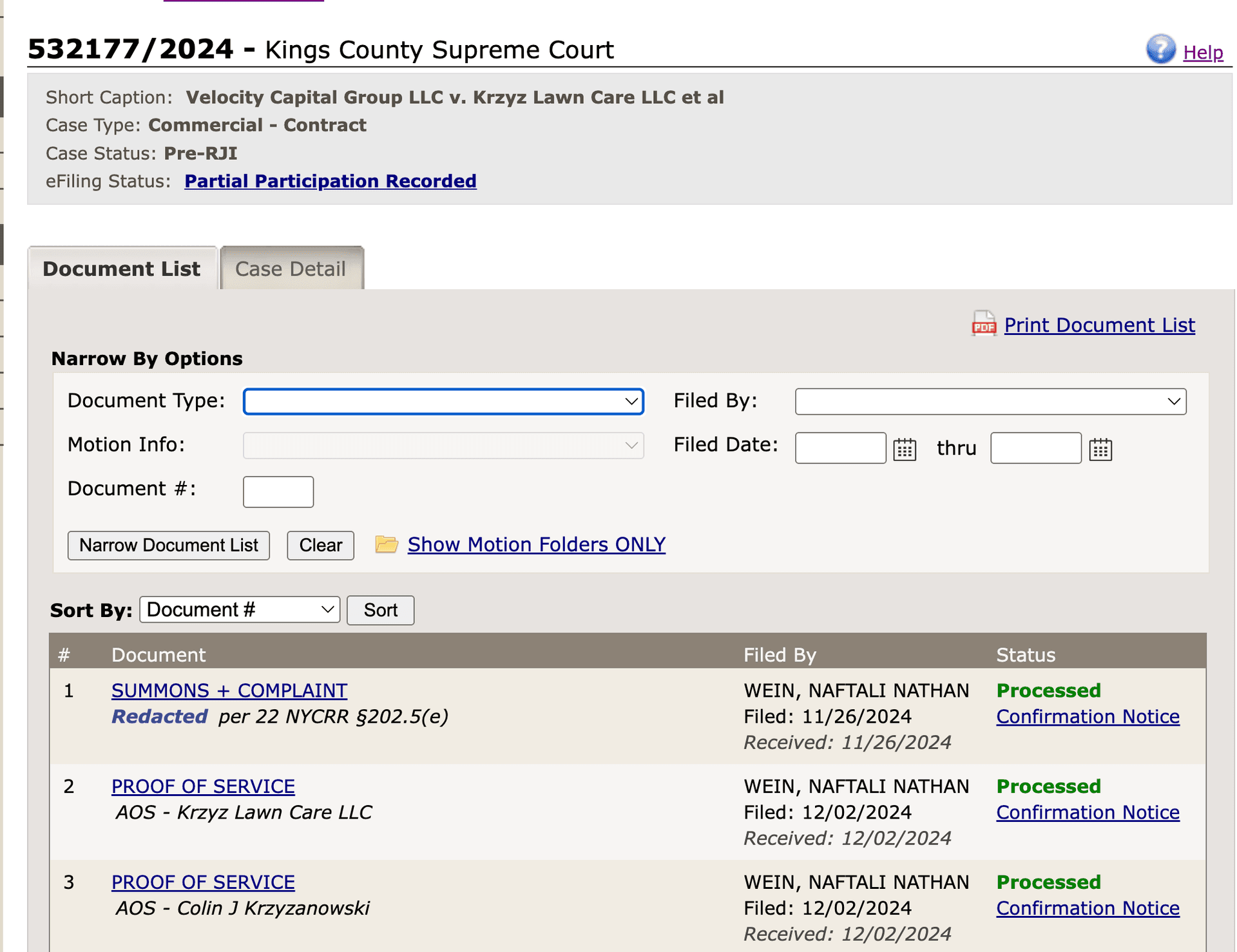 NYSCEF case details page with docket entries