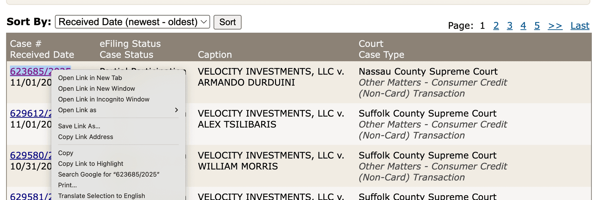 NYSCEF case search results list