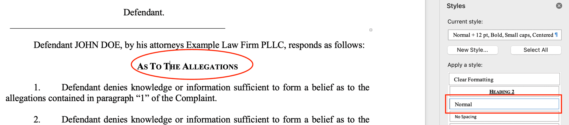 Word as to allegations text selected