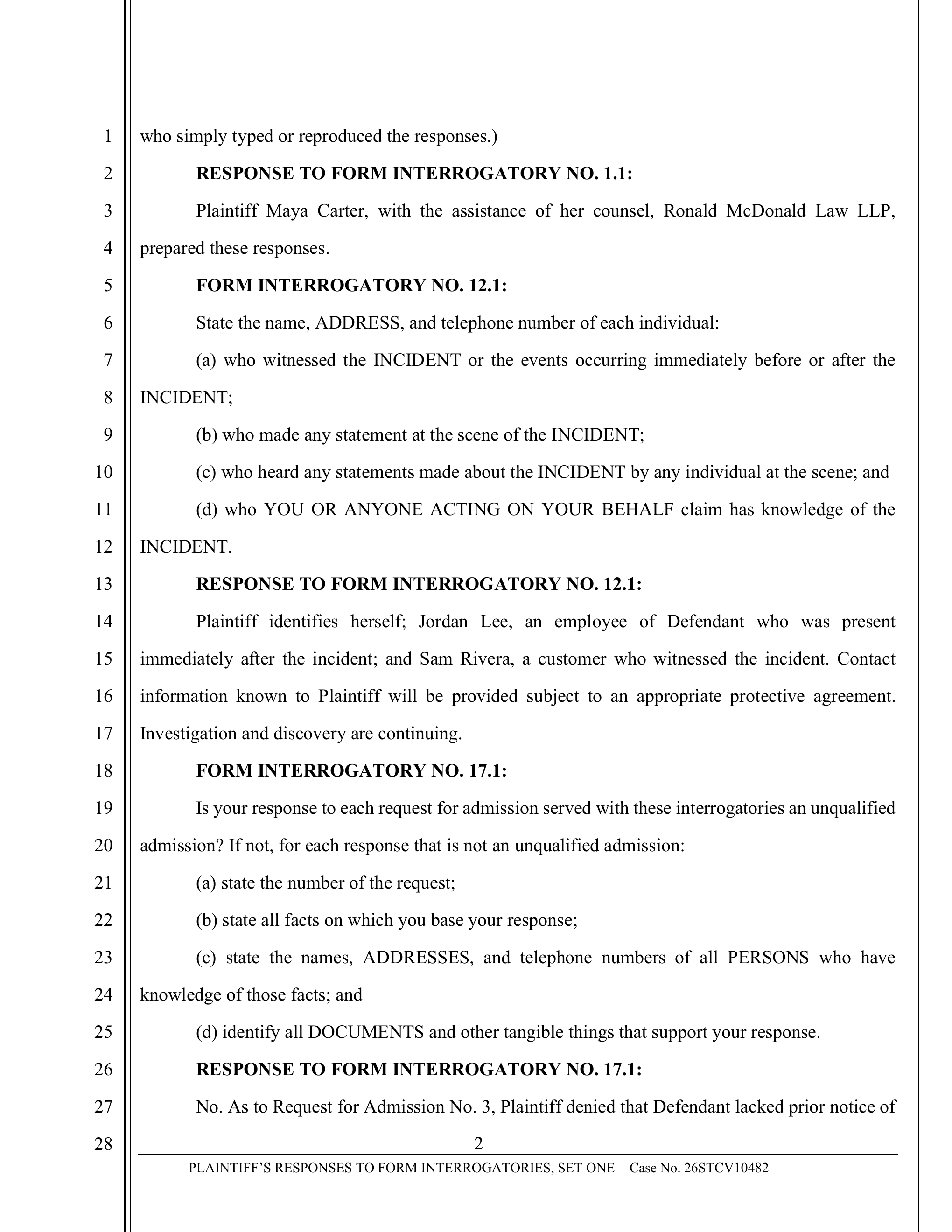 California form interrogatory followed by a formatted response section in a generated Word discovery response document
