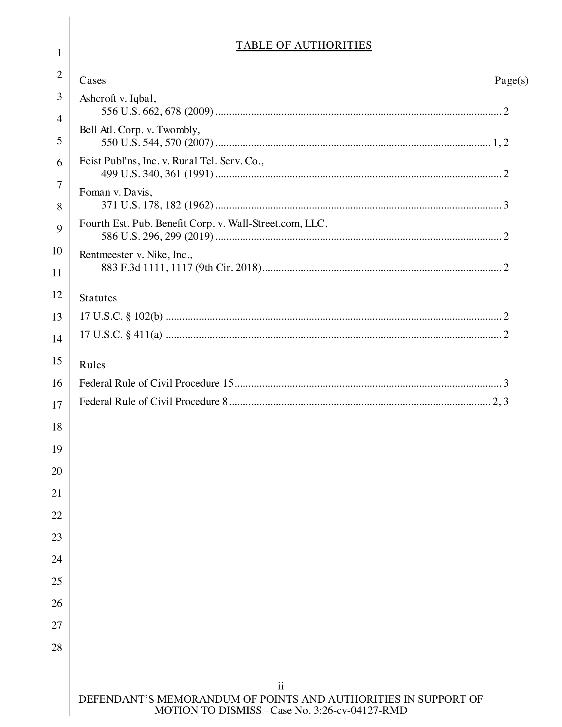 Generated table of authorities organized into cases, statutes, and rules with page references