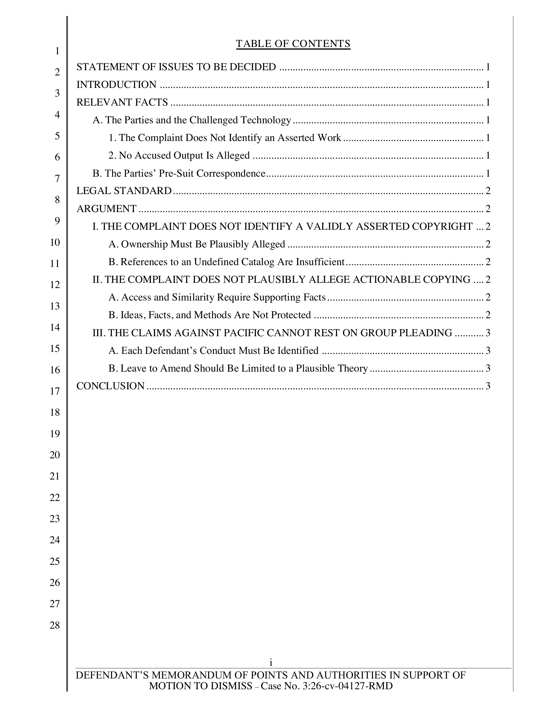 Generated table of contents with hierarchical brief headings, dot leaders, and page references