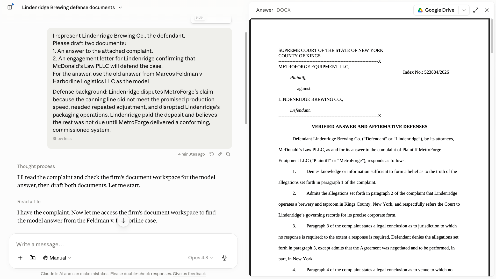 Claude drafting a court-formatted verified answer with DocketDrafter document preview