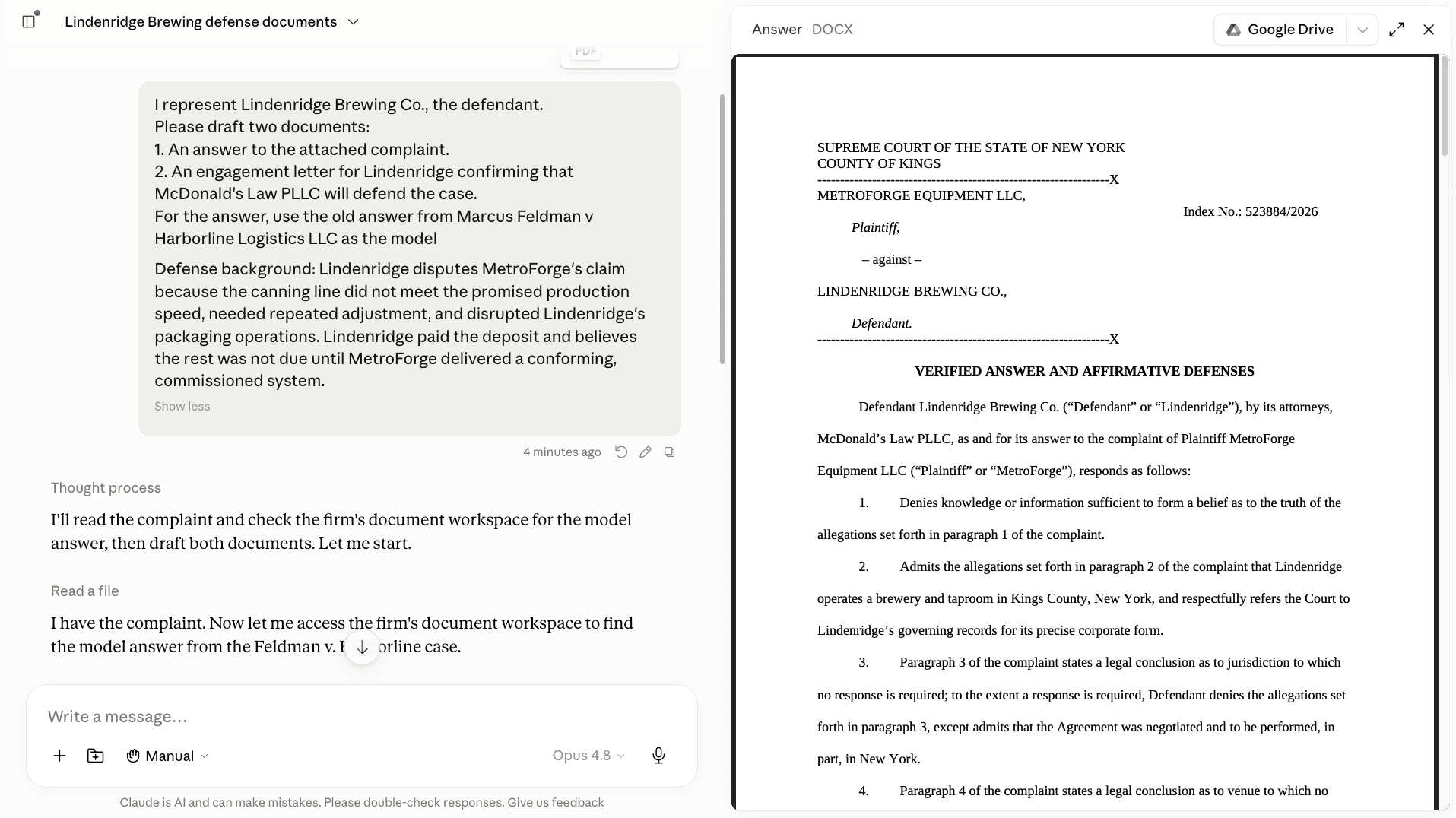 Claude drafting a court-formatted verified answer with DocketDrafter document preview