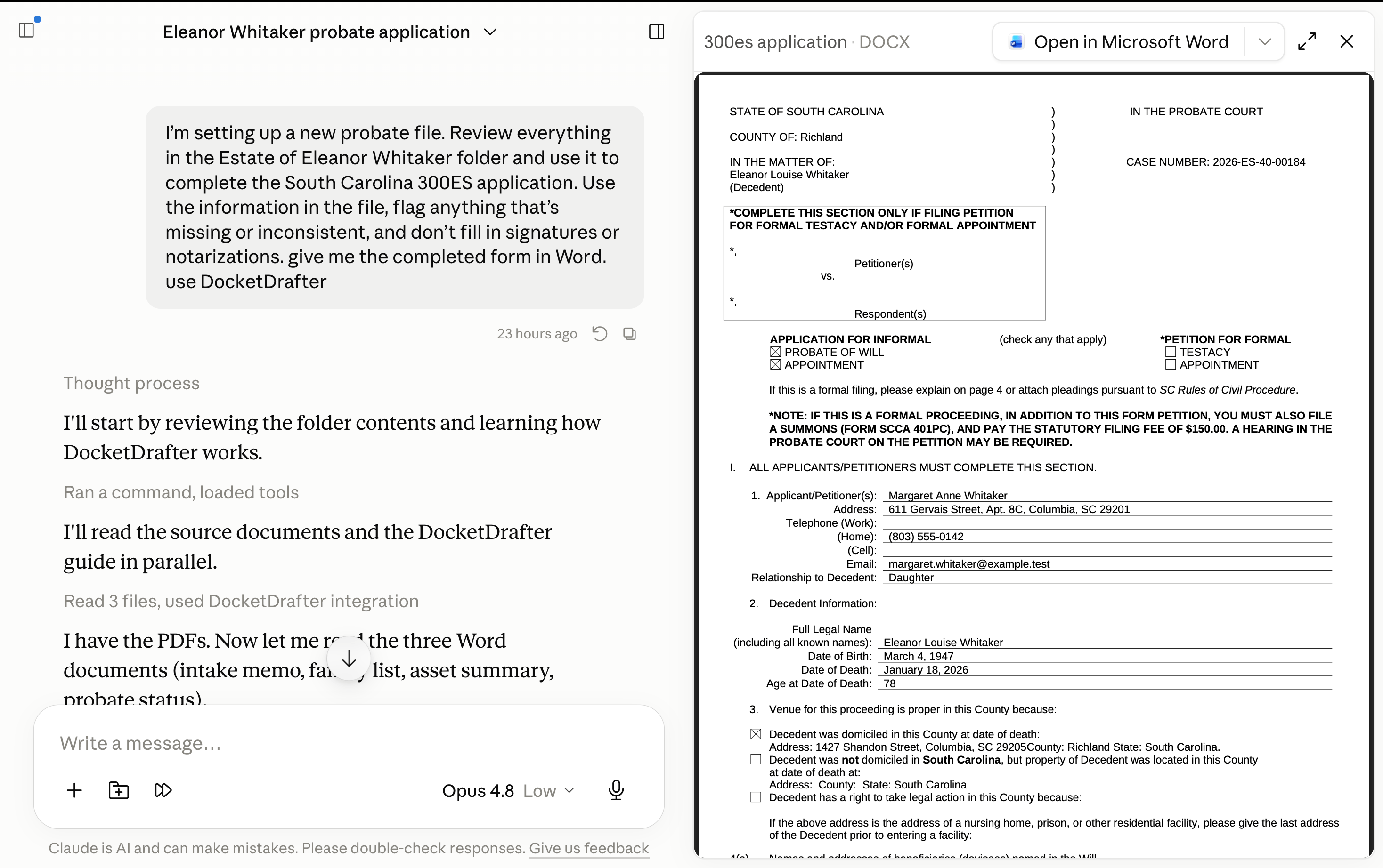 Claude using DocketDrafter to complete an official South Carolina probate application from matter files