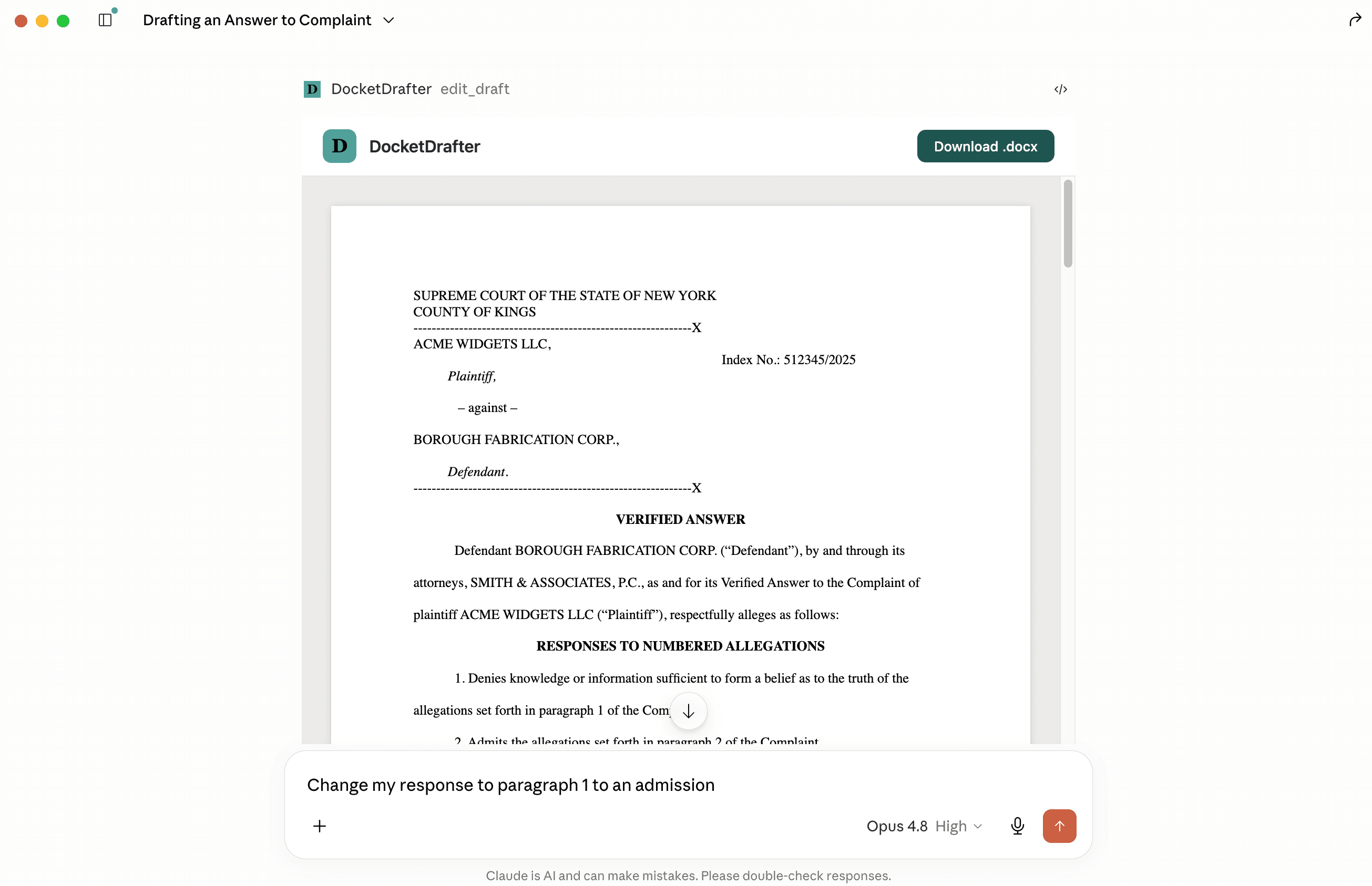 DocketDrafter editing a court-formatted Verified Answer inside a Claude chat