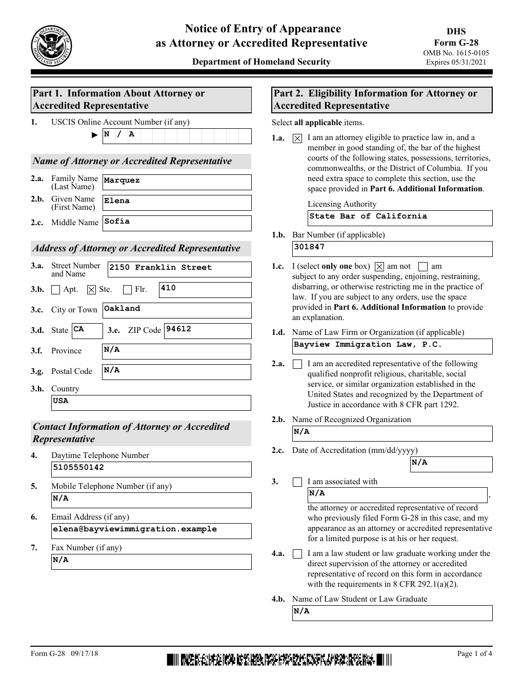 Completed Form G-28 for a fictional client, with attorney details filled in and N/A in each blank that does not apply
