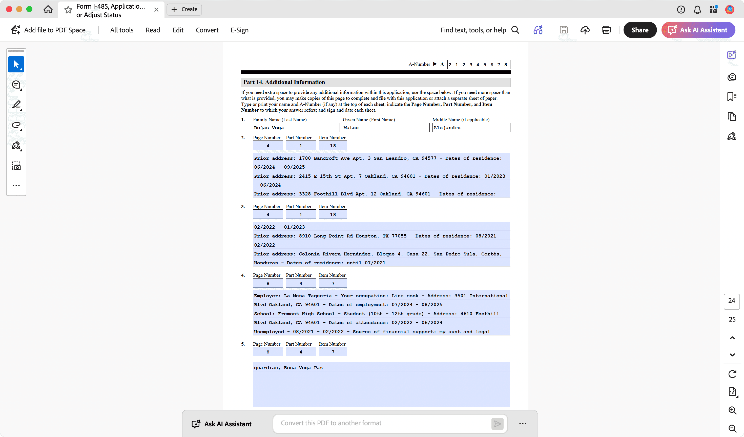 The fillable I-485 open in Adobe Acrobat on the Additional Information page, with every answer in a highlighted editable field