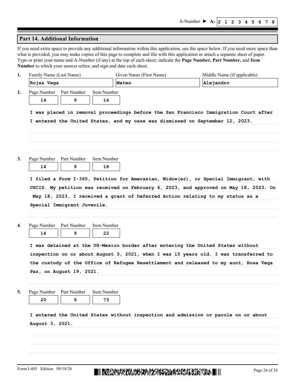 A second copy of the I-485 Additional Information page carrying the same name and A-number, with the applicant's Part 9 explanations