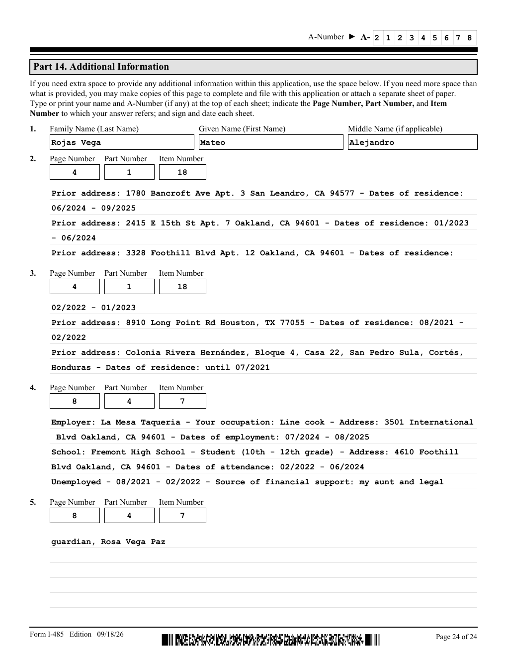 Form I-485 Part 14 Additional Information page listing a fictional applicant's prior addresses and employment history by page, part, and item
