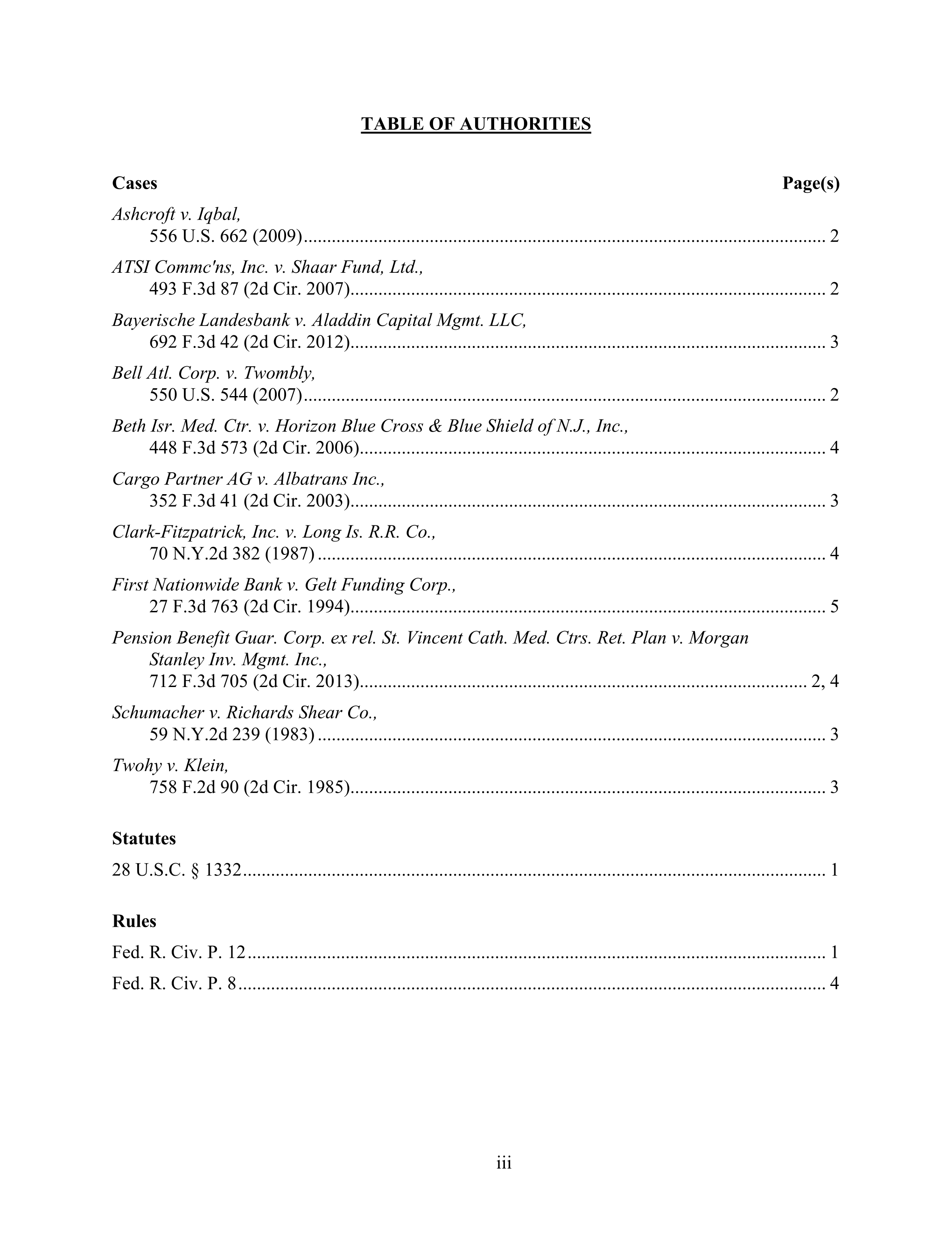 Full table of authorities page from a generated Southern District of New York memorandum of law