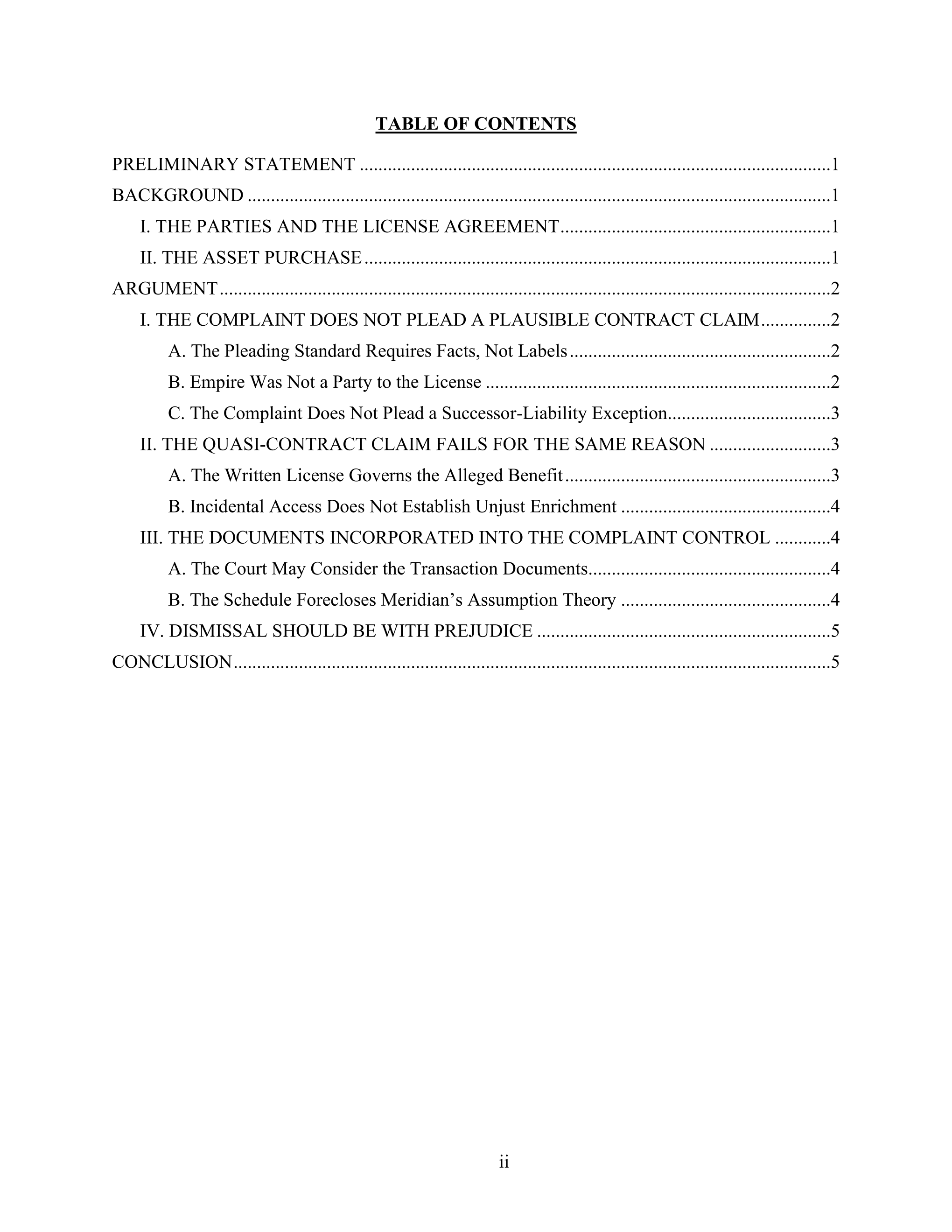 Full table of contents page from a generated Southern District of New York memorandum of law