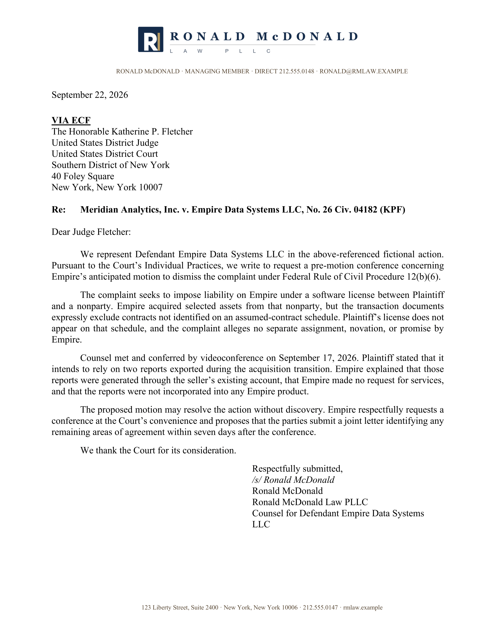 Full page of a generated judicial letter on custom Ronald McDonald Law PLLC letterhead