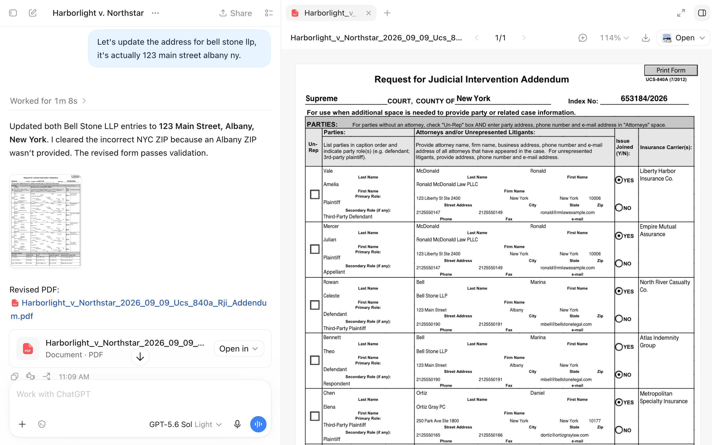 ChatGPT Work updating counsel information on a New York UCS-840A Request for Judicial Intervention addendum through DocketDrafter