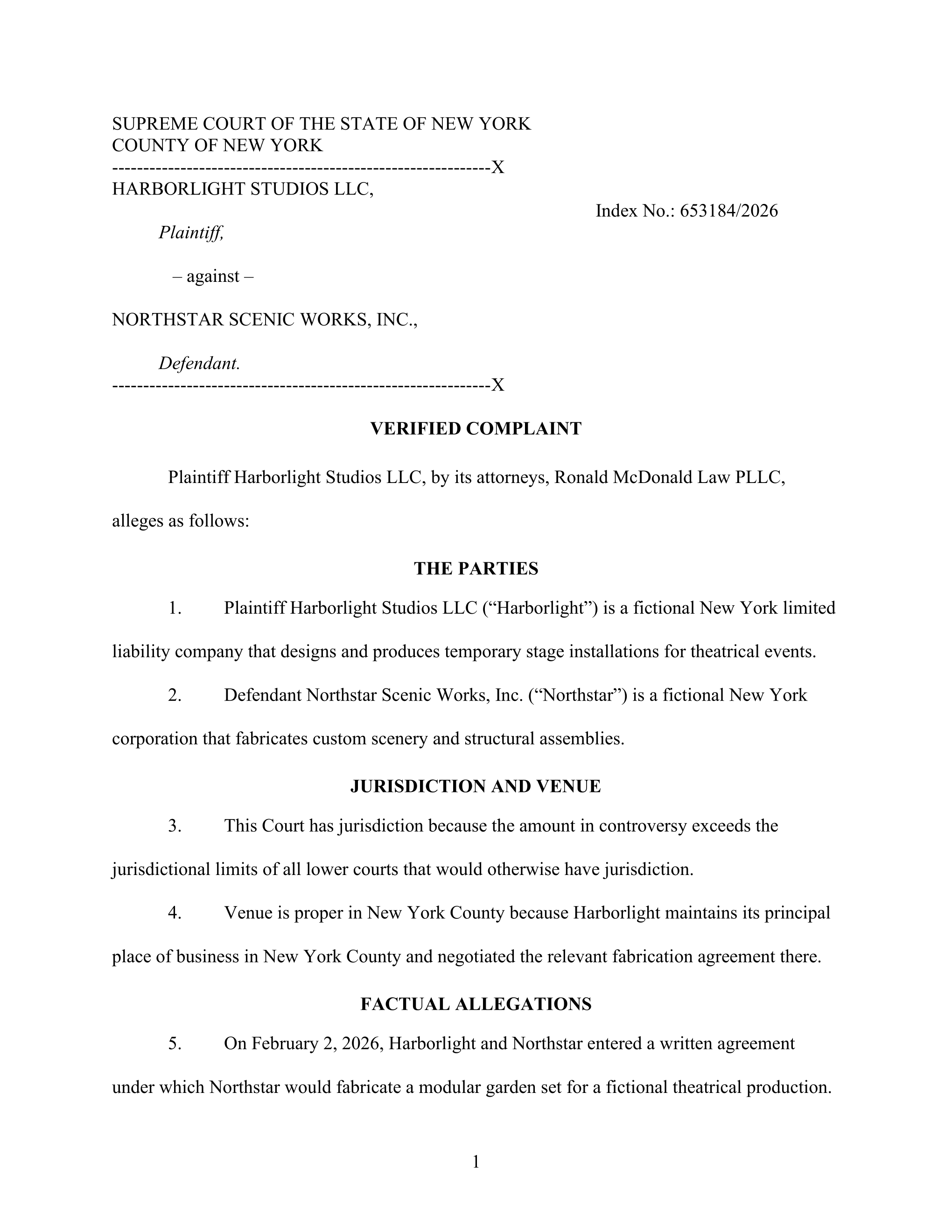 Full first page of a generated New York Supreme Court verified complaint