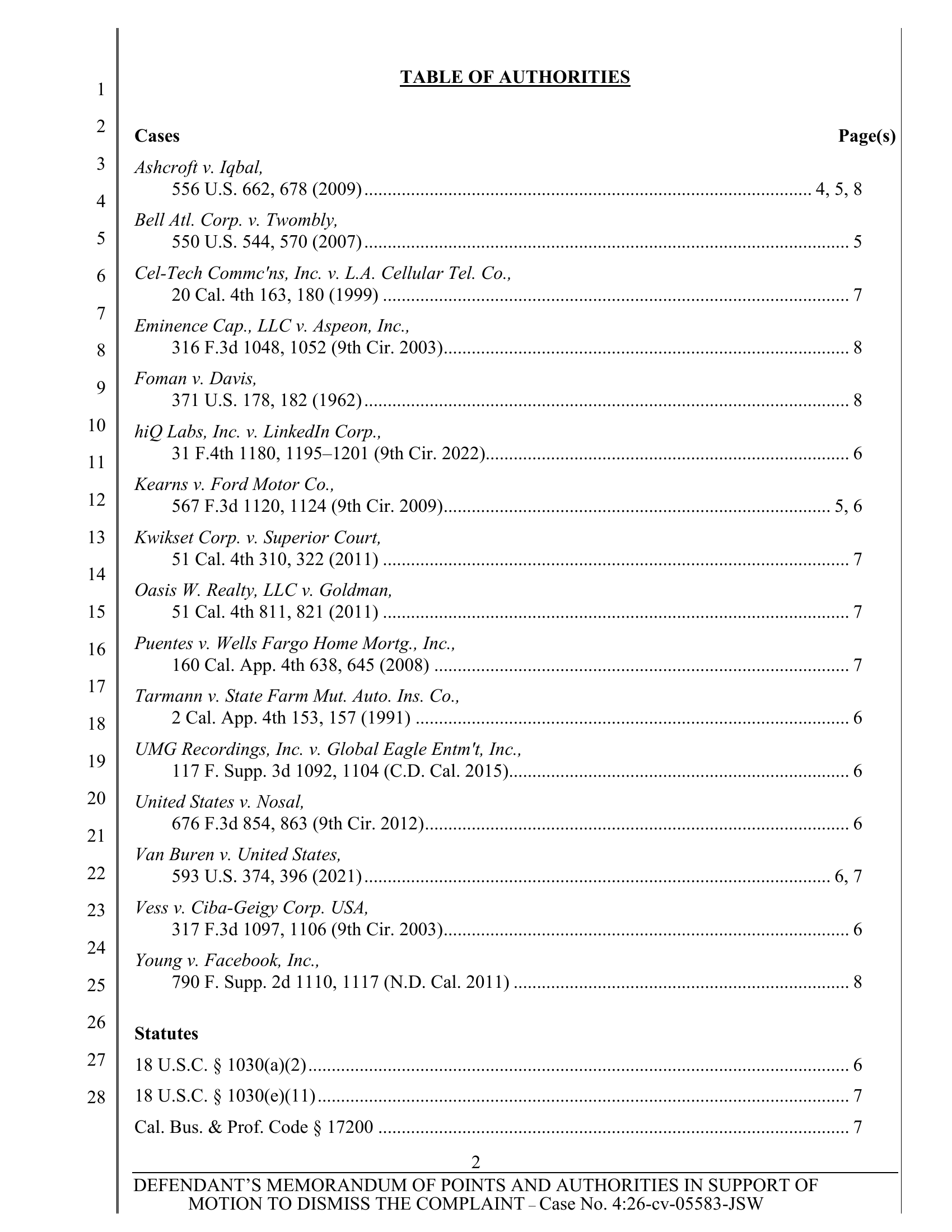Generated table of authorities in a Northern District of California sample brief, with pleading line numbers and page references