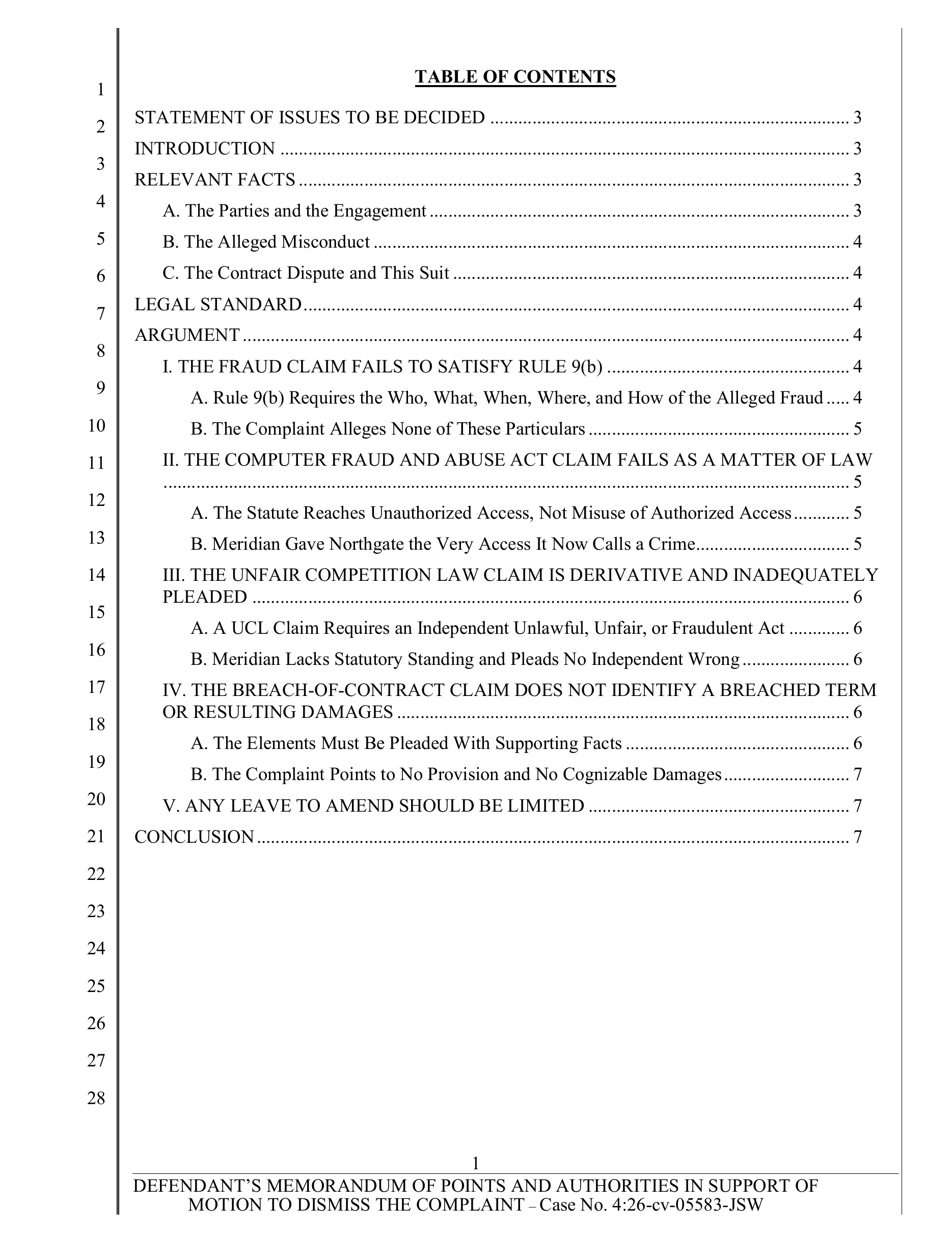 Generated table of contents in a Northern District of California sample brief, with pleading line numbers and page references