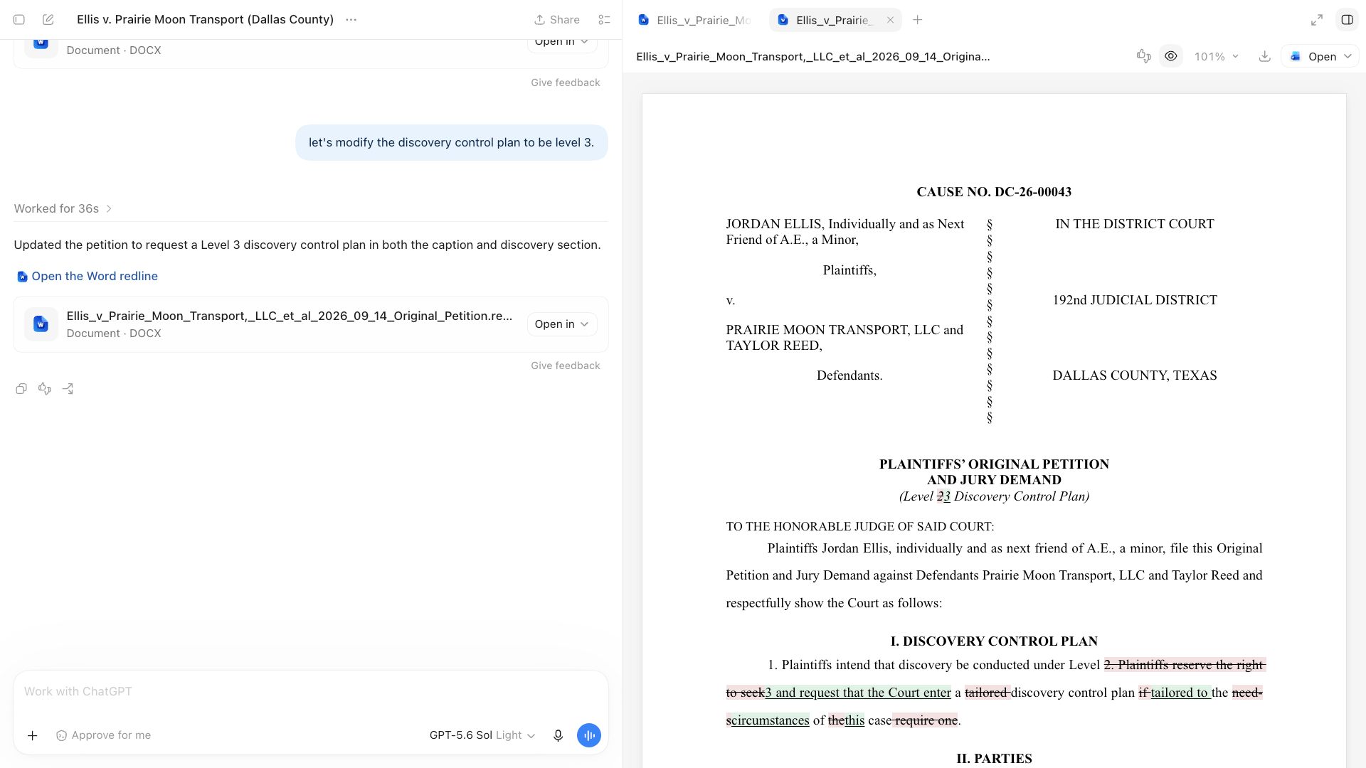 ChatGPT Work updating a Texas original petition and returning a Word redline with the requested discovery control plan changes