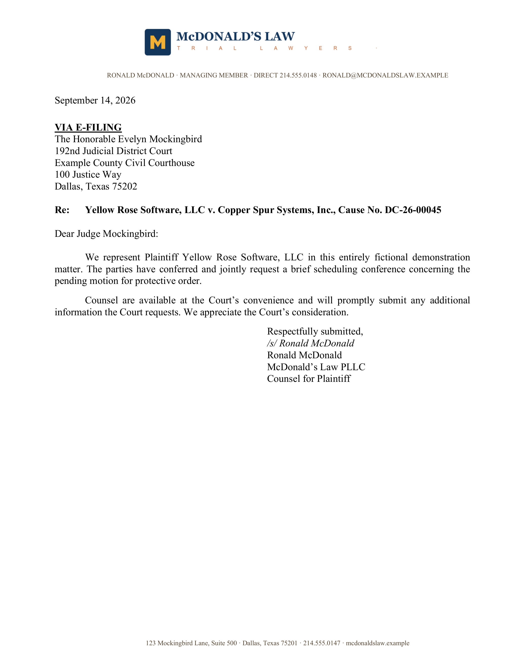 Full page of a generated letter on custom Ronald McDonald Law LLP letterhead