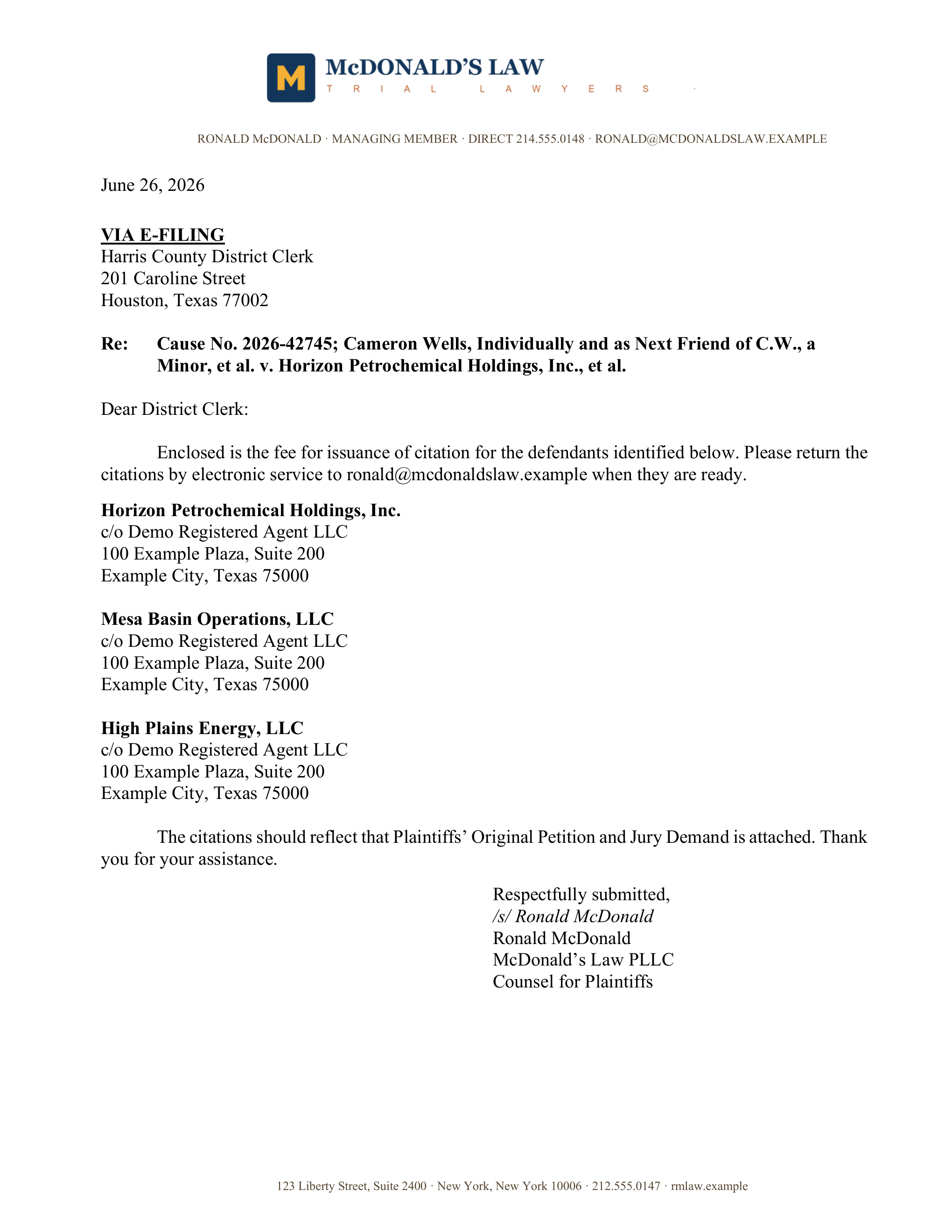 Full page of a generated request for issuance of citation on custom firm letterhead