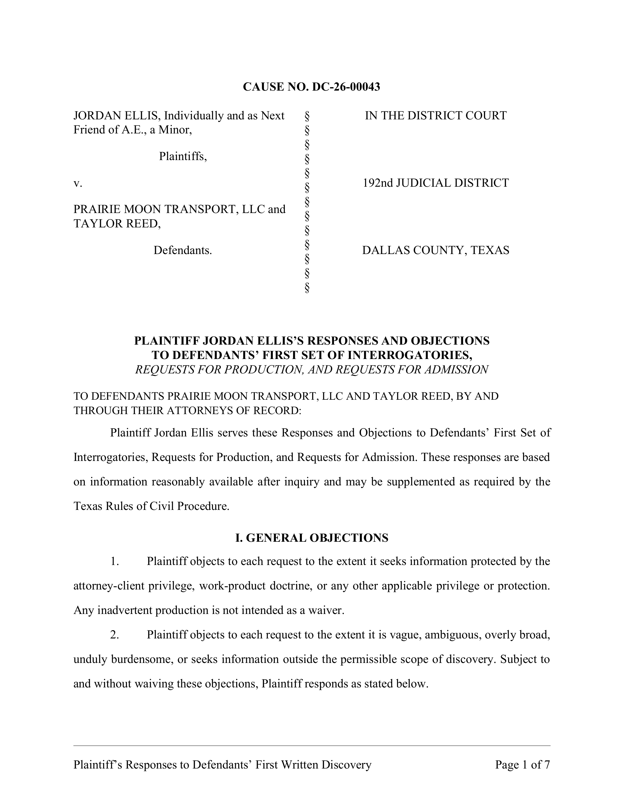 First page of generated Texas responses and objections to interrogatories, requests for production, and requests for admission