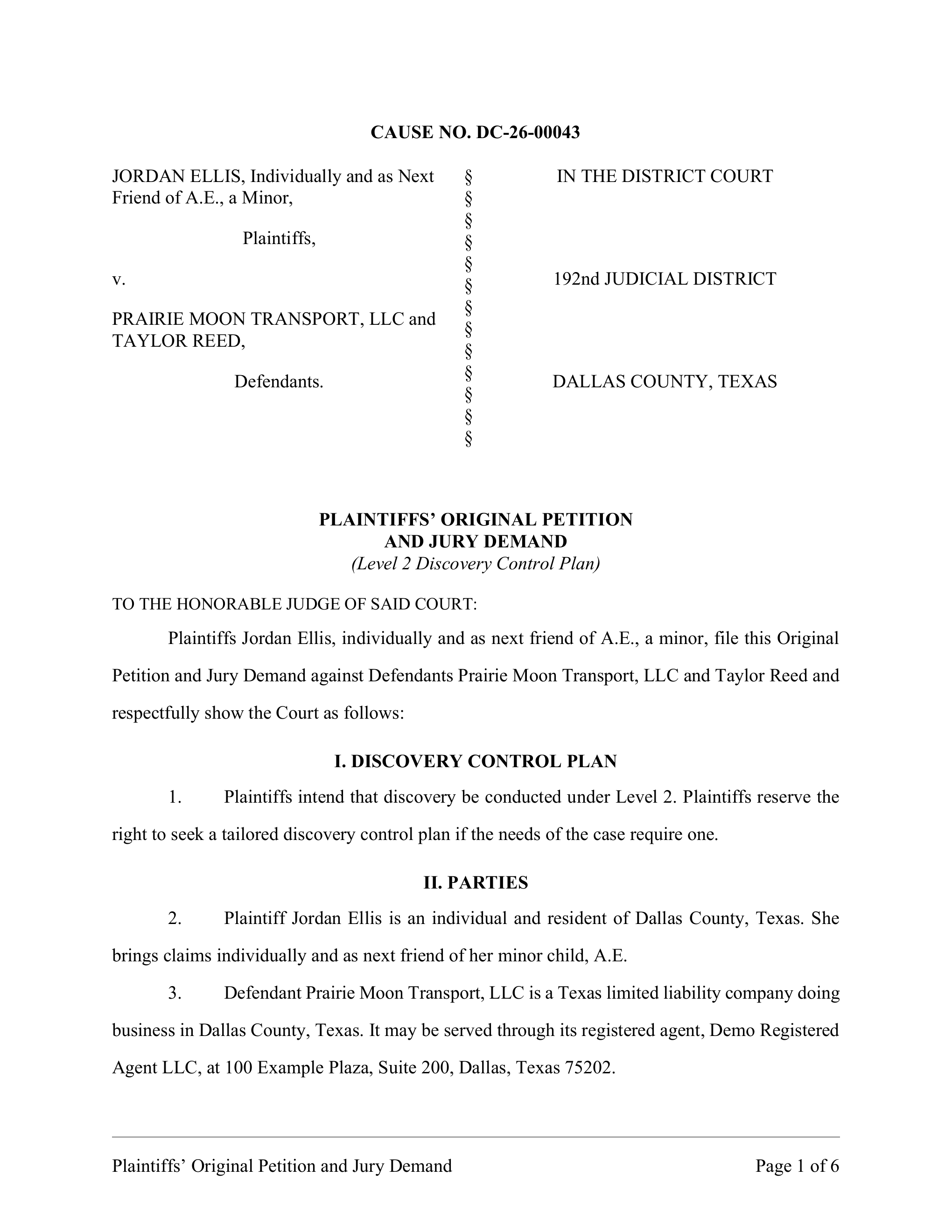 Full first page of a generated Texas original petition and jury demand in the 192nd Judicial District, Dallas County