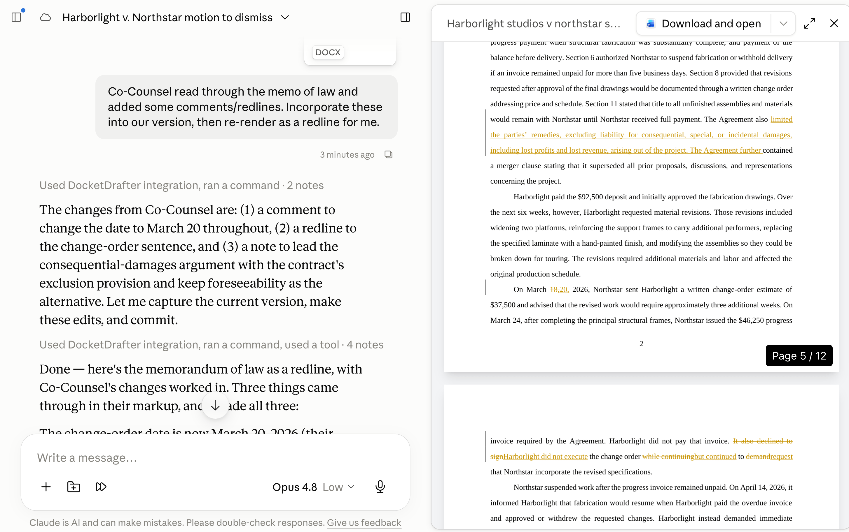 Claude identifying co-counsel's Word comments and redlines while previewing the revised memorandum