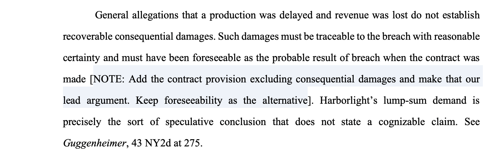 A substantive drafting instruction typed inline in brackets within a Word brief