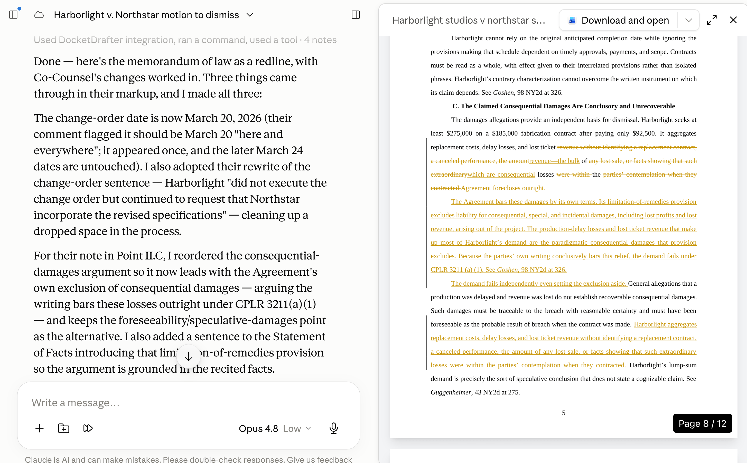 Claude summarizing incorporated co-counsel revisions beside the updated Word redline